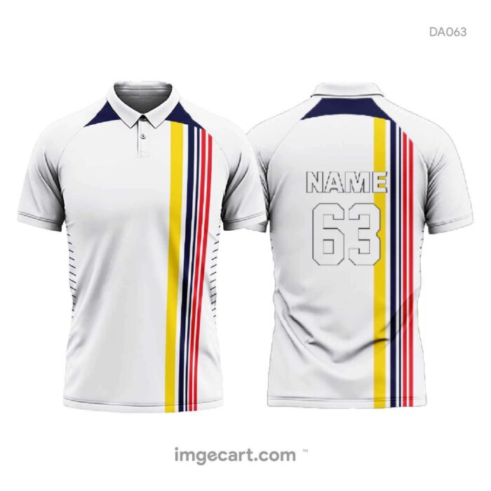 Cricket Jersey Design White with Yellow, Blue and Red line