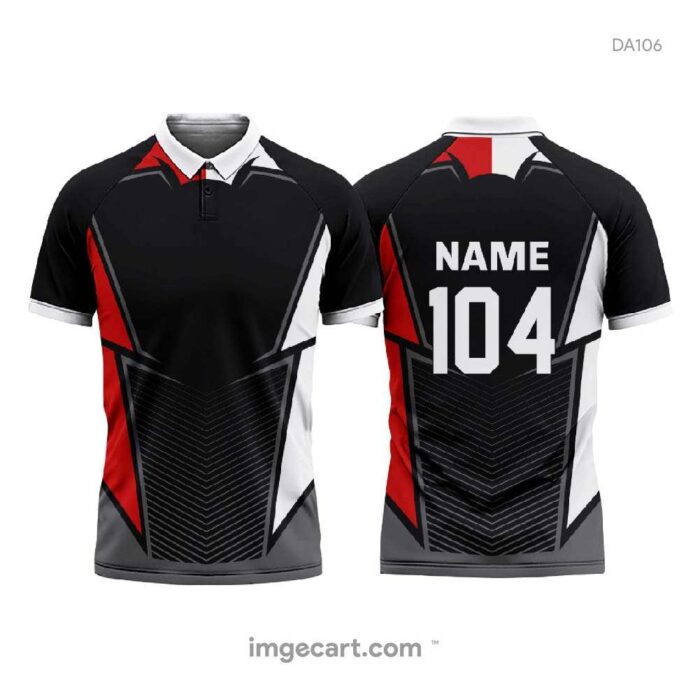 CRICKET JERSEY BLACK WITH RED AND WHITE PATTERN