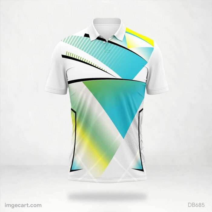 Modern White Cricket Jersey with Abstract Teal and Yellow Graphics design.