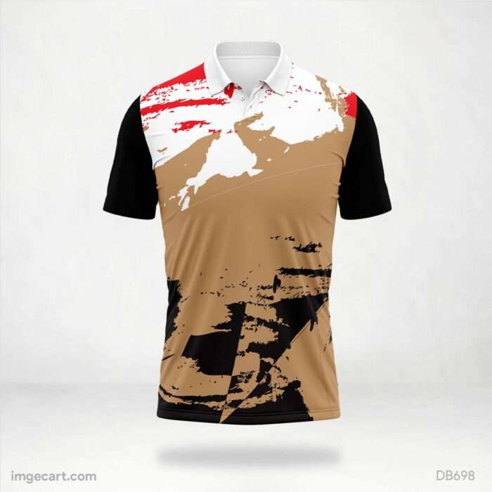Abstract Earth Tone Cricket Jersey with Red and Black Accents design.