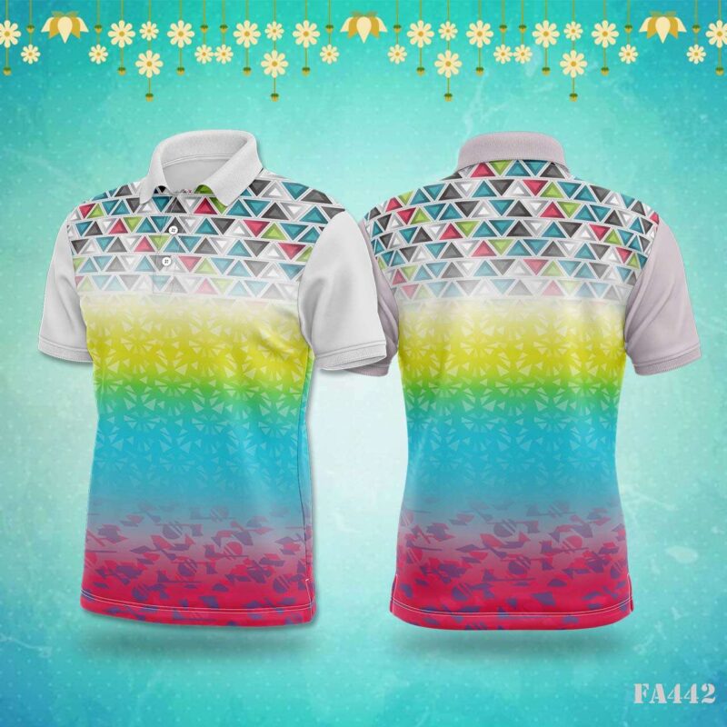 Multi-colored Geometric Pattern Gradient Jersey Design.