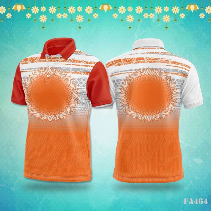 Blue and Orange Mandala Hexagon Pattern Jersey Design.